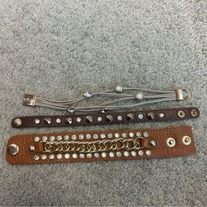 Bundle of brown rhinestone Chainlink  leather bracelets western rodeo stampede